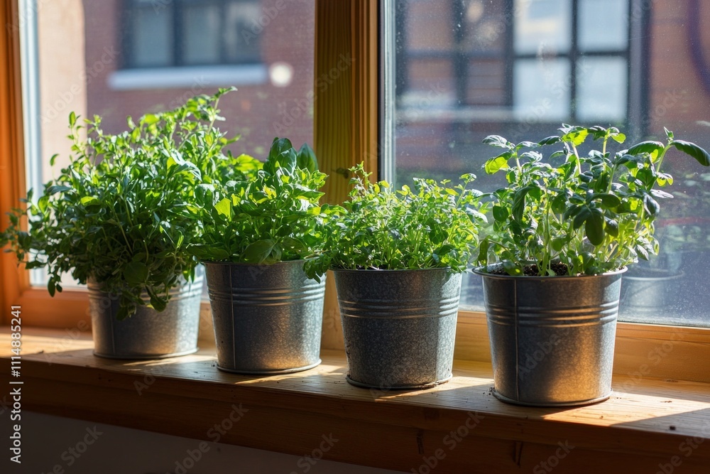 Fototapeta premium Sunlit herb garden in rustic metal pots on wooden windowsill