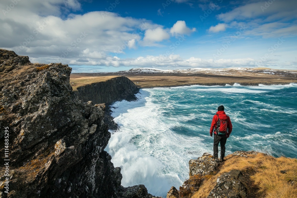 Fototapeta premium Awe-inspiring ocean view from cliff edge with lone hiker