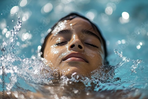 Peaceful young hispanic female swimming relaxation in water photo