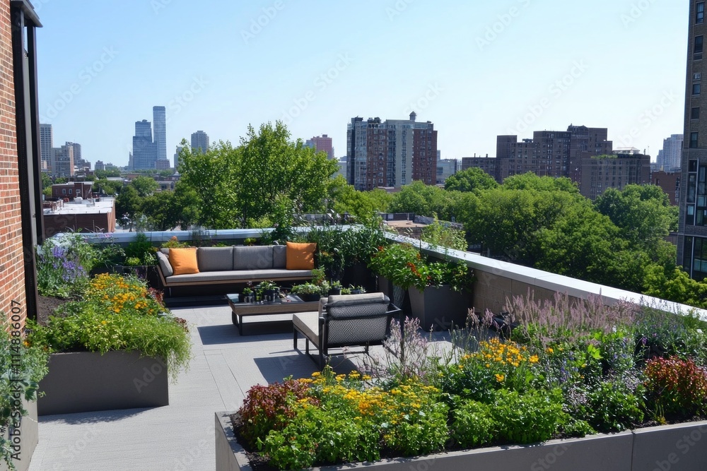 Urban rooftop garden with seating area and city skyline Urban rooftop garden with seating area and city skyline