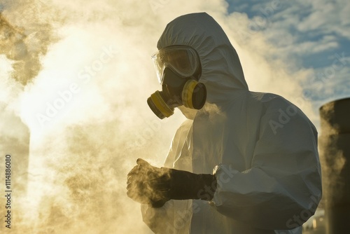 Person in protective gear amidst smoke: safety and pollution awareness photo