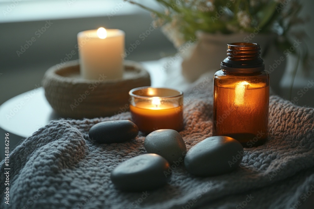 Tranquil spa setting with candles, pebbles, and aromatherapy oils on a cozy blanket Tranquil spa setting with candles, pebbles, and aromatherapy oils on a cozy blanket