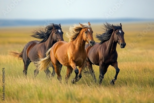 Three majestic horses running freely in a vast green field