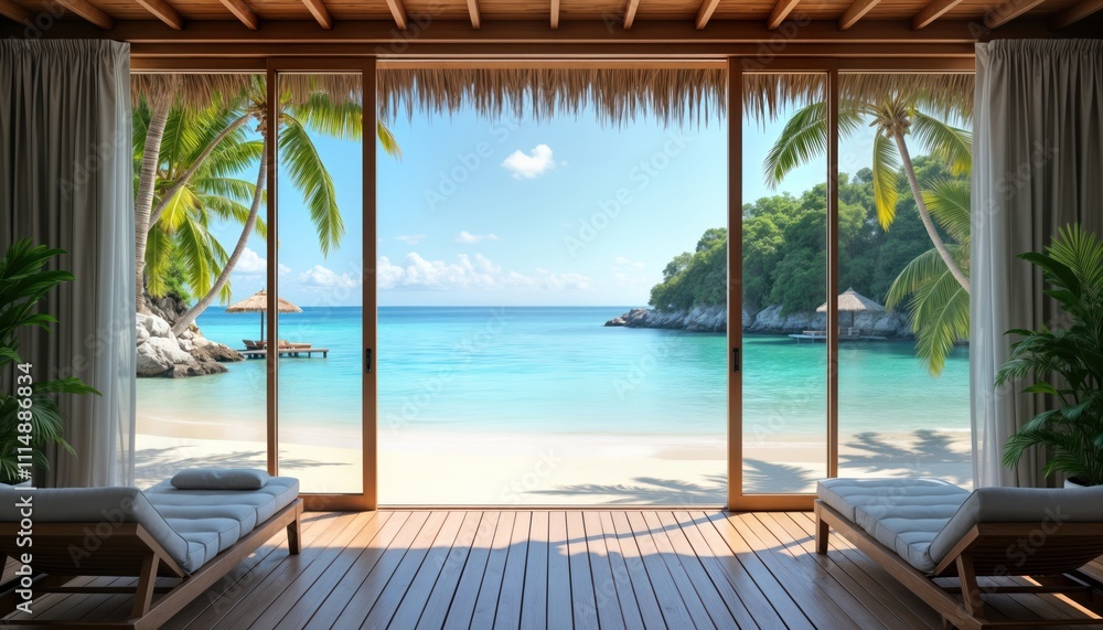 Fototapeta premium Tropical beach landscape view from luxury water bungalow villa. Calm turquoise water lagoon. Palm trees, rocks on shore. People relax on sun loungers. Sunny day. Ideal vacation destination. Tranquil
