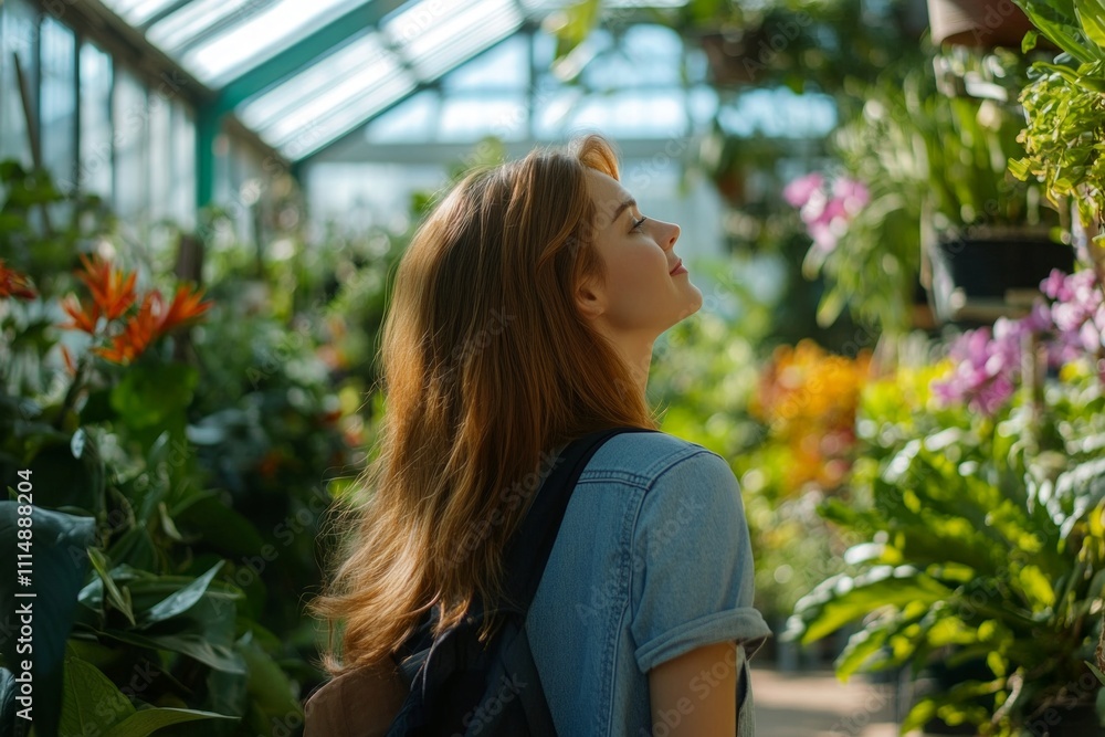 Young caucasian female enjoying a sunny day in a lush greenhouse