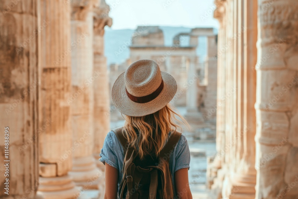 Female traveler exploring ancient ruins in the sunlit afternoon Female traveler exploring ancient ruins in the sunlit afternoon