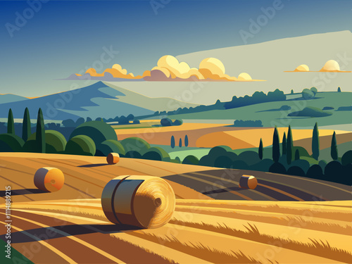 colorful illustration of a close-up of a hay bale with a farm in the distant background