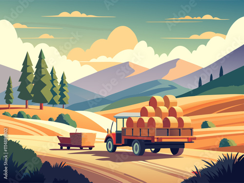 colorful illustration of a hay wagon loaded with freshly cut hay, ready for transport