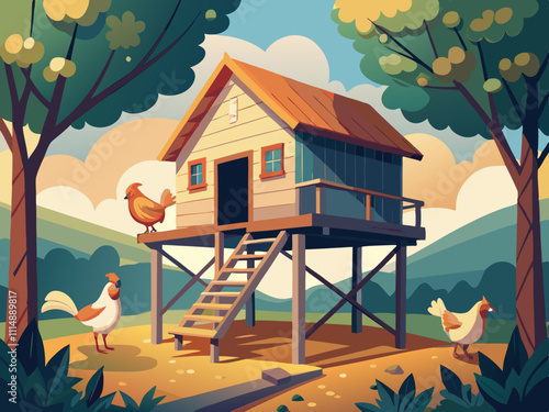 colorful illustration of a hen house with chickens perched on a wooden ramp