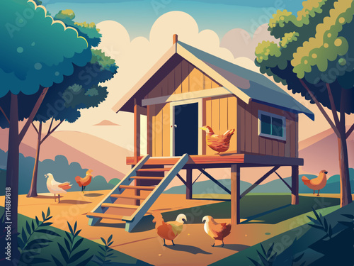 colorful illustration of a hen house with chickens perched on a wooden ramp