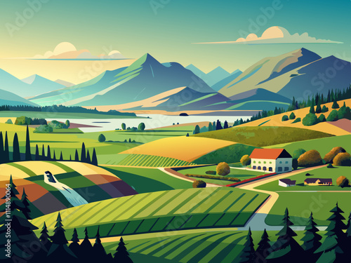 colorful illustration of a panoramic view of a valley with farmland, crops, and grazing animals.