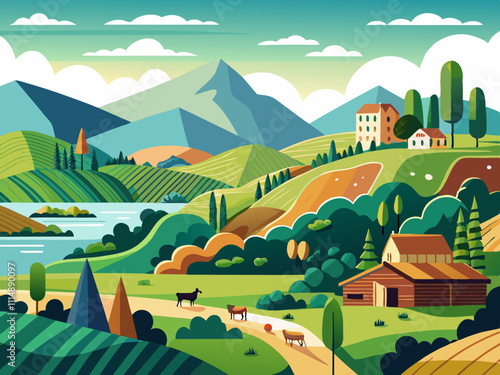 colorful illustration of a panoramic view of a valley with farmland, crops, and grazing animals.