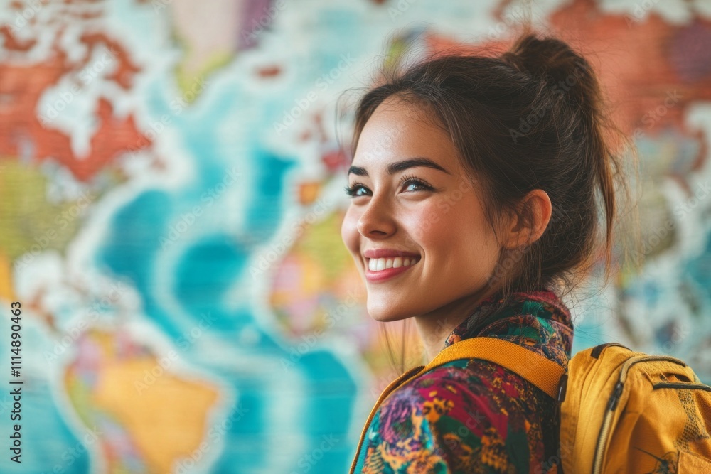 Fototapeta premium Young asian female traveler smiling in front of world map