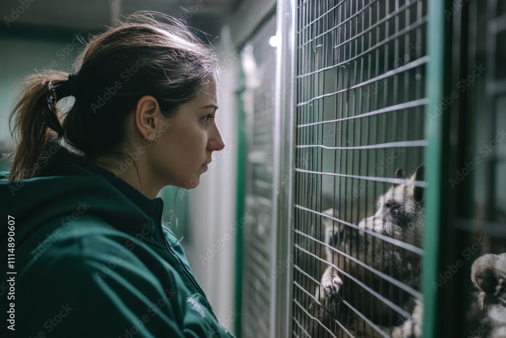 Fototapeta premium Young caucasian female zookeeper observing raccoons in enclosure