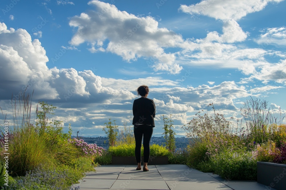 Obraz premium Woman enjoying rooftop view of clouds and nature