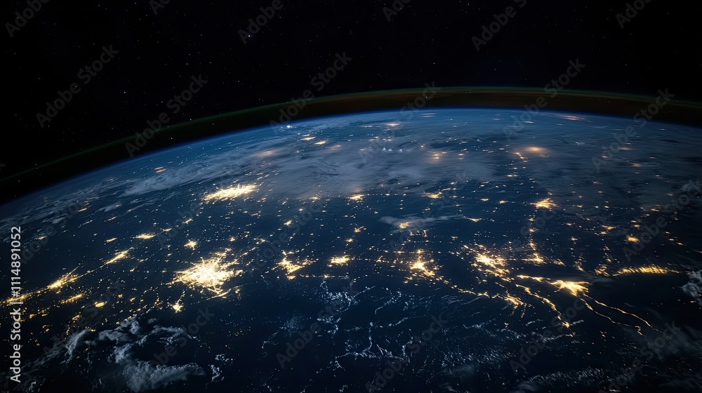 Obraz premium Stunning Night View of Earth from Space with City Lights Illuminated