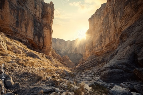 Views of the National Park's majestic canyons, with the sun setting behind the jagged cliffs, casting golden light across the landscape,