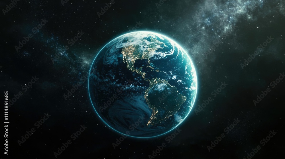 Fototapeta premium Stunning View of Earth from Space with Lights and Stars Above