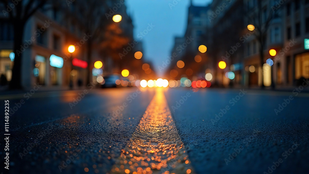 Wet road in the urban area with building and store. An afternoon after the rain, autumn vibe, blurry town in distance. Wet road in the urban area with building and store. An afternoon after the rain, autumn vibe, blurry town in distance.