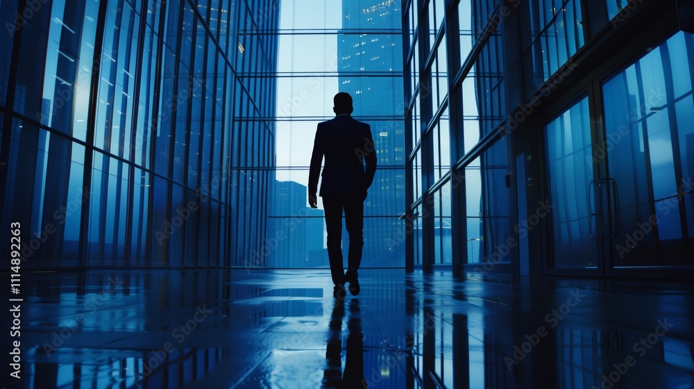 A silhouette of a businessman walking through a sleek, glass-walled corridor in a modern building, illuminated by blue tones and urban reflections. A silhouette of a businessman walking through a sleek, glass-walled corridor in a modern building, illuminated by blue tones and urban reflections.