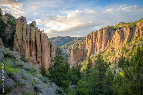 Views of the National Park's majestic canyons, with the sun setting behind the jagged cliffs, casting golden light across the landscape,