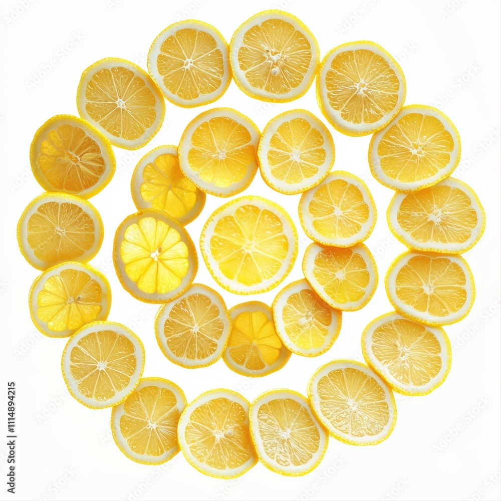 Numerous slices of fresh lemon are creatively arranged in a spiral pattern on a bright white surface, highlighting their juicy and tangy character in a visually appealing way Numerous slices of fresh lemon are creatively arranged in a spiral pattern on a bright white surface, highlighting their juicy and tangy character in a visually appealing way