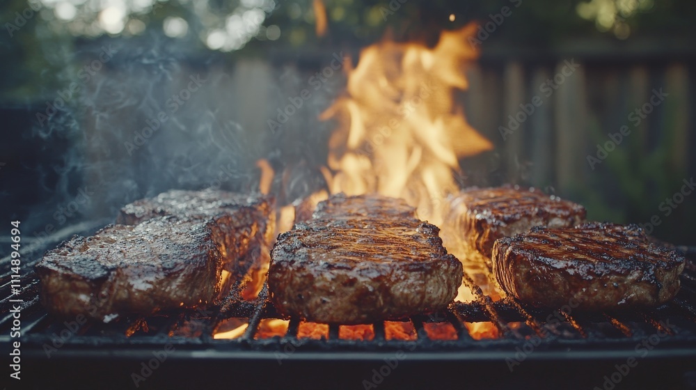 Juicy steaks grilling over an open flame, showcasing a vibrant barbecue scene. Juicy steaks grilling over an open flame, showcasing a vibrant barbecue scene.