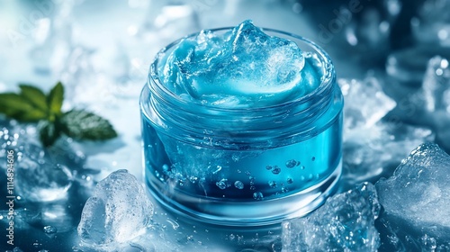 Icy blue gel cream in a glass jar surrounded by ice cubes.