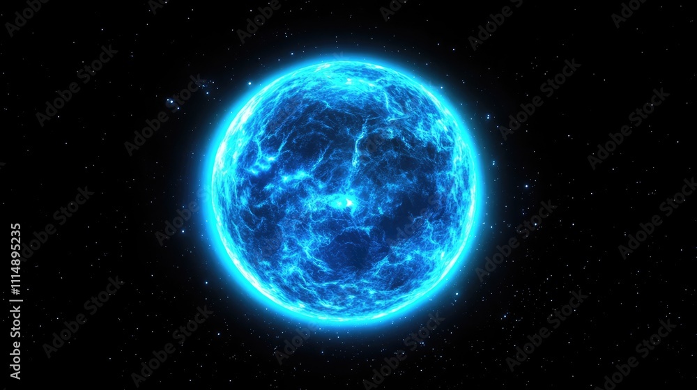 Obraz premium Celestial Blue Orb: A mesmerizing, glowing blue orb floats in the inky blackness of space, its surface shimmering with ethereal energy. The image evokes a sense of mystery and wonder.