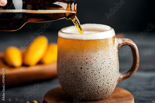 Satisfying hiss of a craft beer bottle being uncapped followed by the steady stream of the amber colored carbonated liquid as it is poured into a handcrafted ceramic mug photo