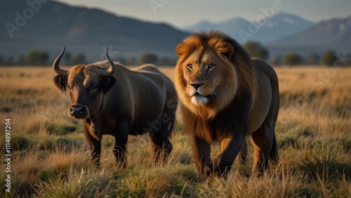 Majestic lion and horned Cape buffalo in African savanna at sunset. photo