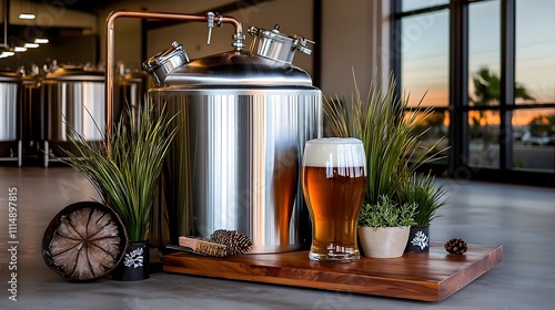 The distinct aroma of freshly brewed craft beer wafting from an independent urban microbrewery with its stainless steel fermenting tanks copper piping rich caramel malts and hoppy notes photo