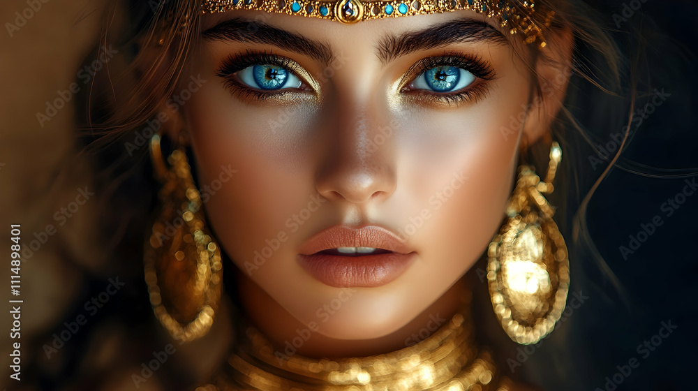 A beautiful woman with golden jewelry and blue eyes evokes ancient royal power4k image A beautiful woman with golden jewelry and blue eyes evokes ancient royal power4k image