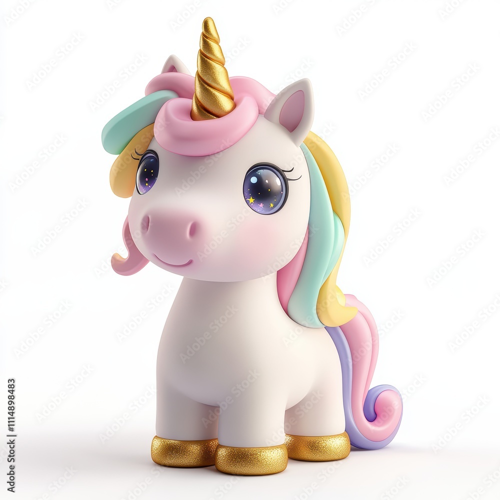 Naklejka premium A unicorn doll with a pastel rainbow mane and sparkly horn, isolated on white background, representing fantasy and magical charm, ideal for children's toy catalogs, fantasy-themed advertising