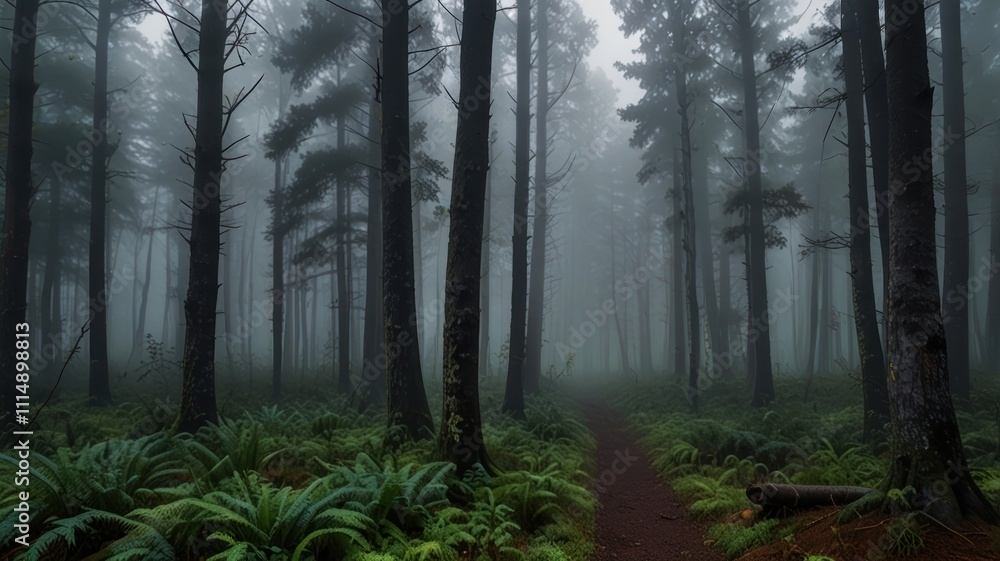 Obraz premium Misty forest path with tall trees and ferns.