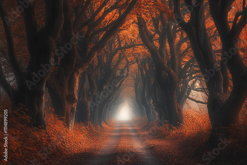 A path through a forest with trees that are mostly orange