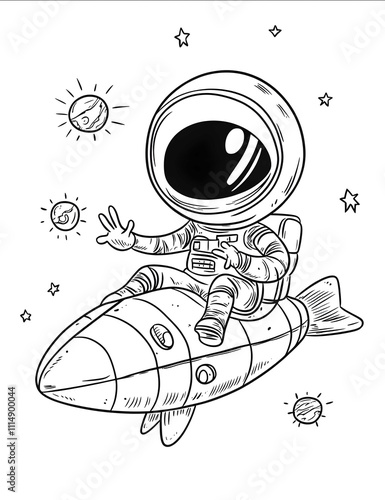 Create a simple and cute line art of Cute Outer Space Exploration coloring page for kids showcasing Alien inviting an astronaut to fly in their spaceship use low deta photo