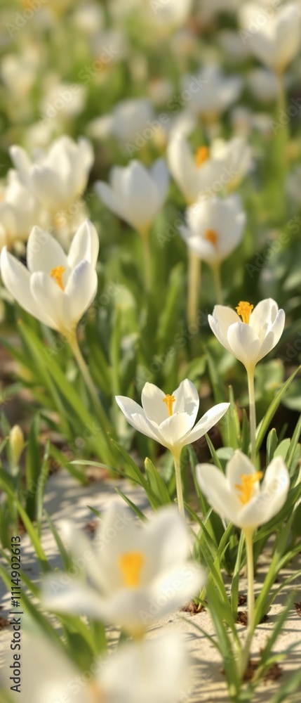 Beautiful white crocuses with bright yellow stamen, blooming, fragility, close-up, beauty in nature, macro Beautiful white crocuses with bright yellow stamen, blooming, fragility, close-up, beauty in nature, macro