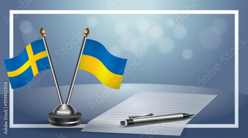 Sweden and Ukraine Small national flag on bokeh background, cooperative relationship