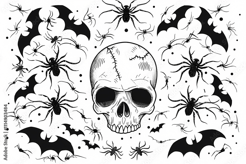 Fototapeta premium A haunting illustration featuring a skull surrounded by black bats and intricate spiders, perfect for Halloween-themed designs.