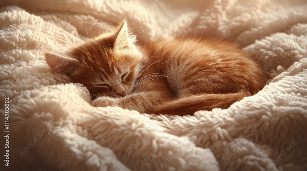 Obraz premium A peaceful kitten curled in a fluffy blanket, exuding comfort and warmth, resting in a calm, cozy indoor setting.