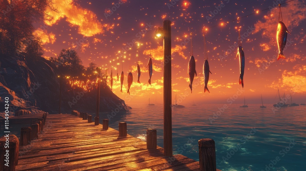 Obraz premium A picturesque wooden pier adorned with hanging fish, illuminated by the glowing colors of a sunset sky.