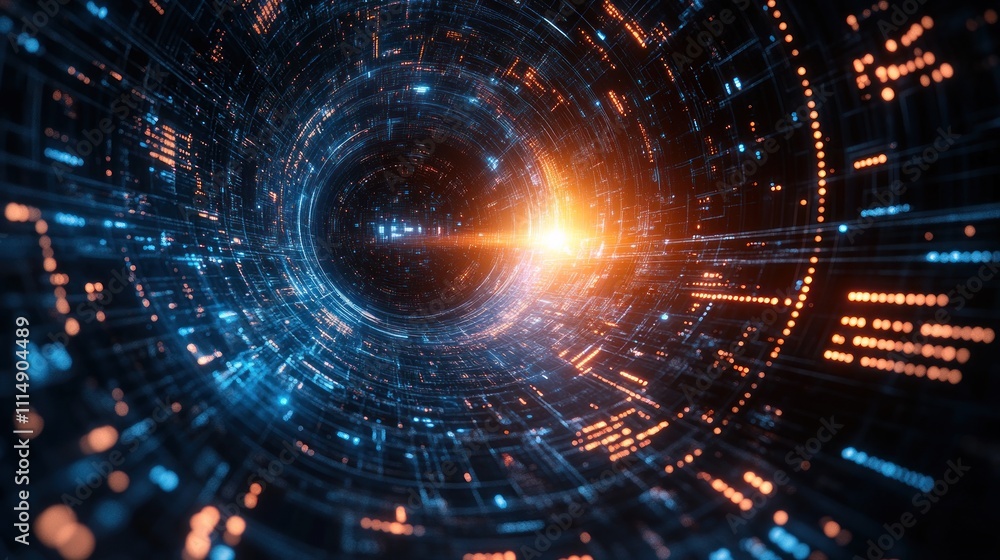 Fototapeta premium Futuristic digital tunnel with glowing particles and data streams.