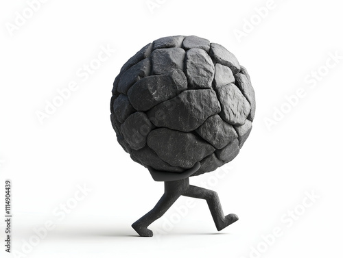 A small figure walks while carrying a large, round boulder made of stones, symbolizing struggle and effort.