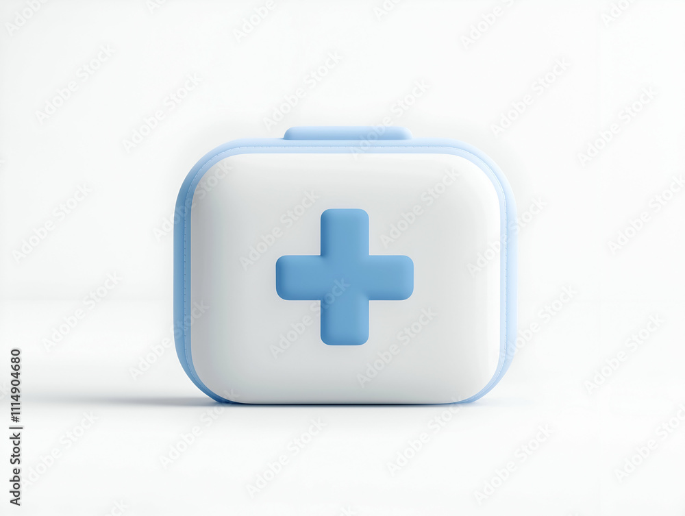 Fototapeta premium A compact, modern first aid kit with a blue cross symbol set against a light background, symbolizing health and safety.