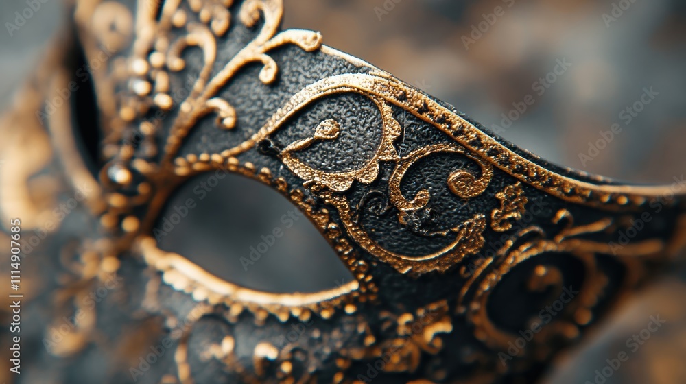 Obraz premium A close-up of an ornate masquerade mask with intricate gold detailing on a textured black surface, perfect for events.