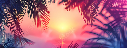 A vibrant sunset through tropical palm leaves creates a serene atmosphere, blending warm hues of orange, pink, and purple.