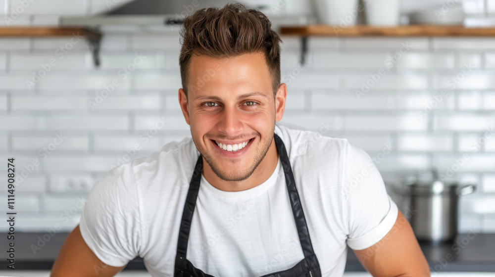 A cheerful man in a cozy kitchen, wearing an apron, embodies the joy of home cooking with warm, inviting tones. A cheerful man in a cozy kitchen, wearing an apron, embodies the joy of home cooking with warm, inviting tones.