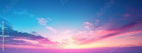 A breathtaking sunset sky with vibrant pink and blue hues reflecting on a tranquil horizon.