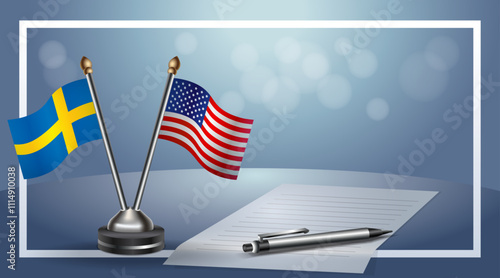 Sweden and United States ( USA ) Small national flag on bokeh background, cooperative relationship